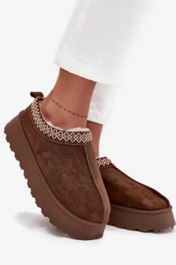 Kapcie Śniegowce Na Platformie Z Haftem Brązowe Tamilda