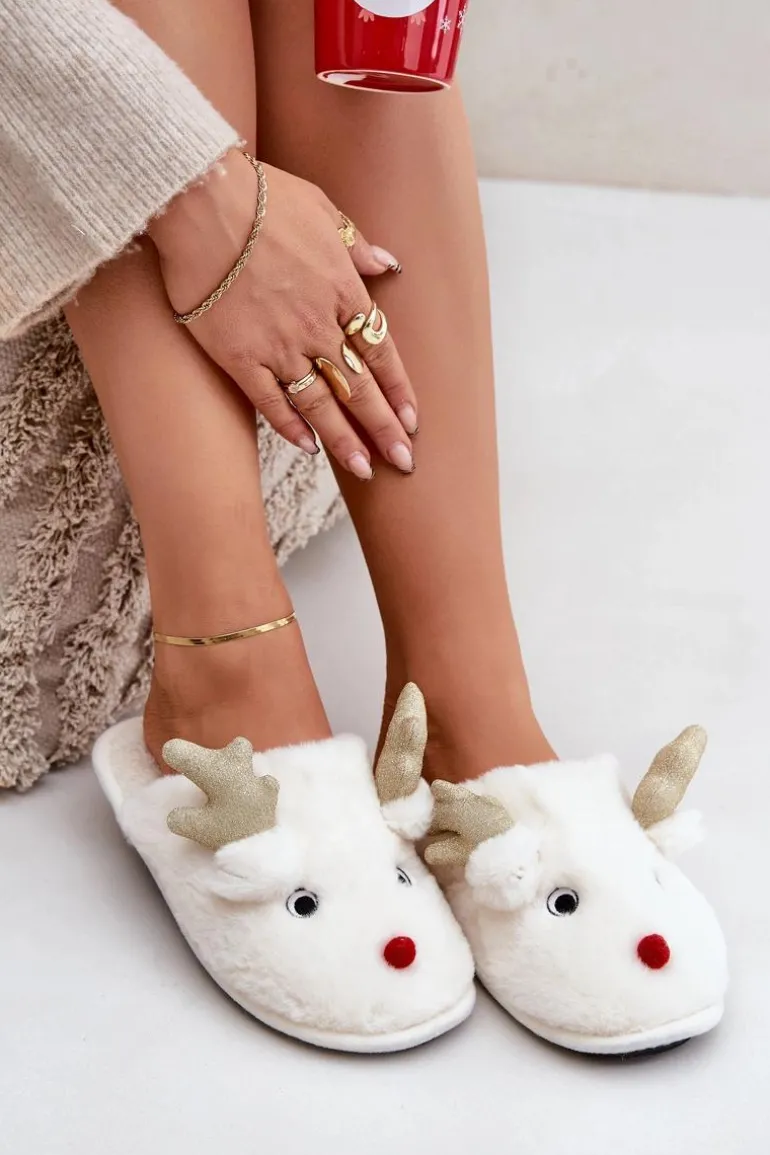 Kapcie Świąteczne Z Motywem Renifera Futrzane Białe Asielle