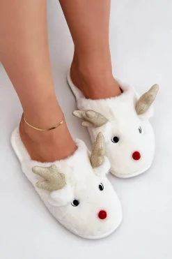 Kapcie Świąteczne Z Motywem Renifera Futrzane Białe Asielle