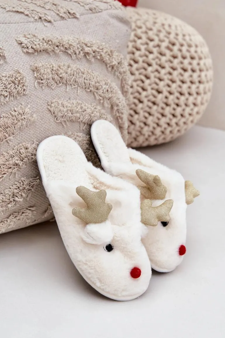 Kapcie Świąteczne Z Motywem Renifera Futrzane Białe Asielle