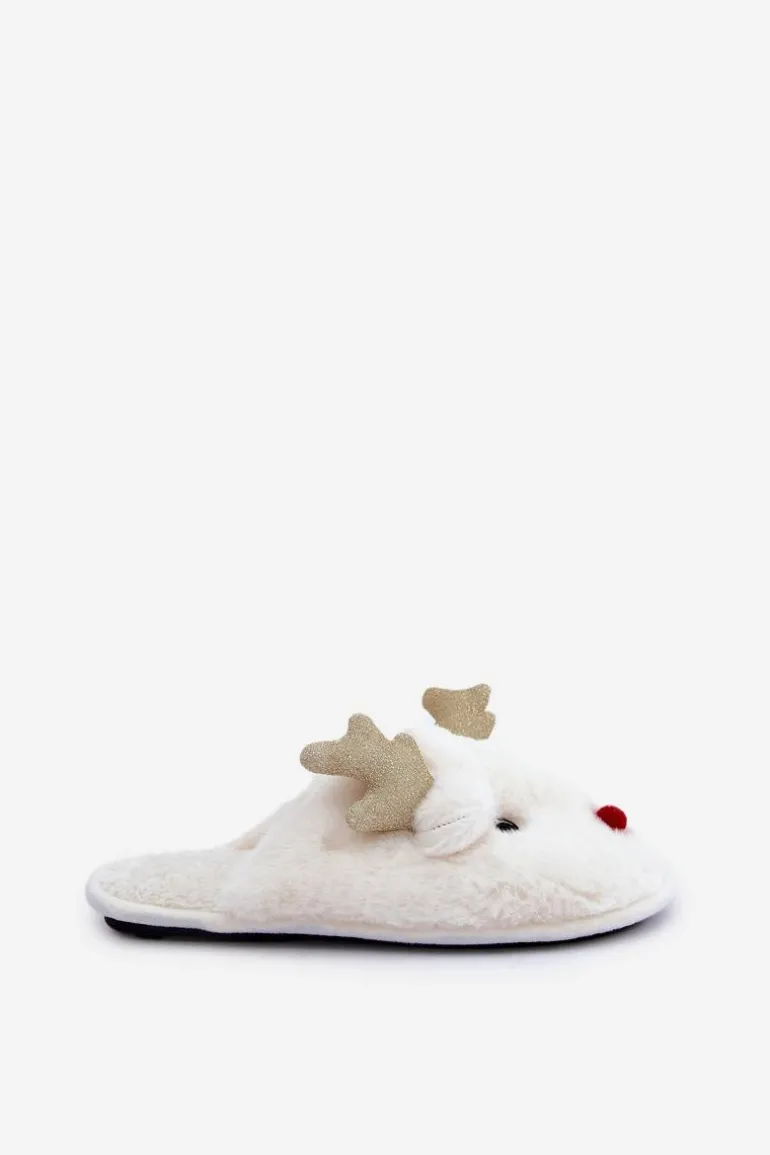 Kapcie Świąteczne Z Motywem Renifera Futrzane Białe Asielle