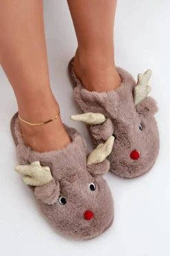 Kapcie Świąteczne Z Motywem Renifera Futrzane Ciemnobeżowe Asielle