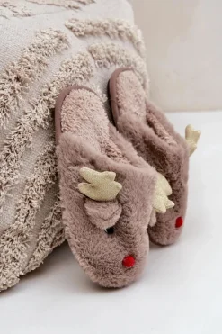 Kapcie Świąteczne Z Motywem Renifera Futrzane Ciemnobeżowe Asielle