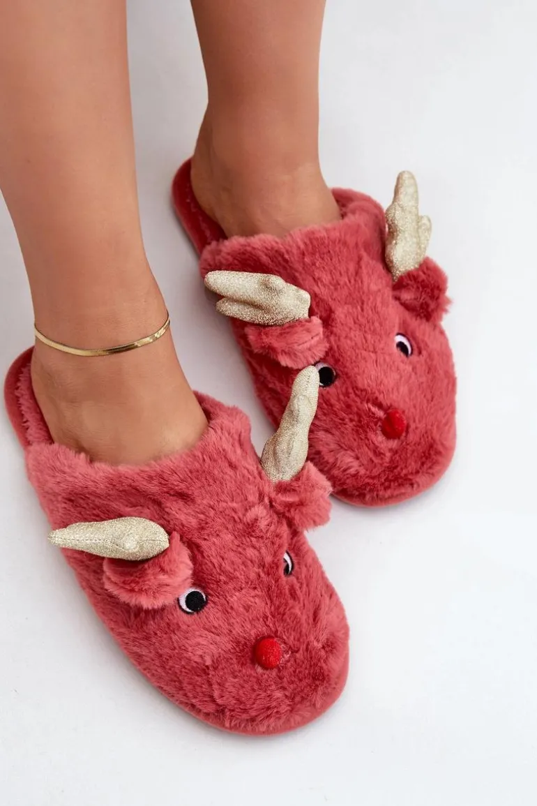 Kapcie Świąteczne Z Motywem Renifera Futrzane Koralowe Asielle