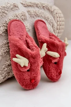 Kapcie Świąteczne Z Motywem Renifera Futrzane Koralowe Asielle