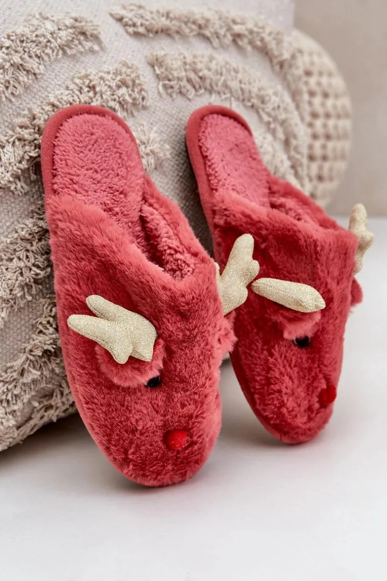 Kapcie Świąteczne Z Motywem Renifera Futrzane Koralowe Asielle
