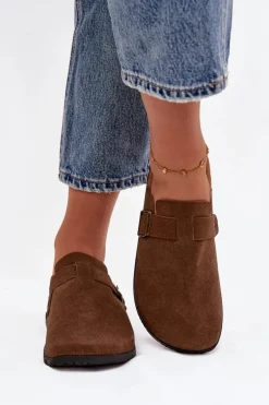 Klapki Chodaki Damskie i Na Platformie Z Klamrą Brązowe Selio