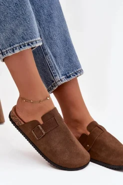 Klapki Chodaki Damskie i Na Platformie Z Klamrą Brązowe Selio