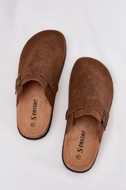 Klapki Chodaki Damskie i Na Platformie Z Klamrą Brązowe Selio