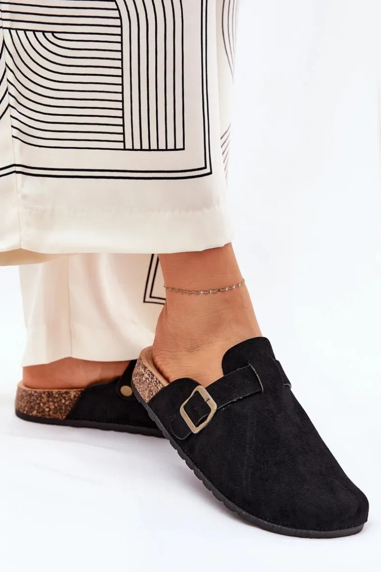 Klapki Chodaki Damskie i Na Platformie Z Klamrą Czarne Selio