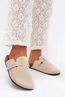 Klapki Chodaki Damskie i Na Korkowej Platformie Z Klamrą Jasnobeżowe Klarae