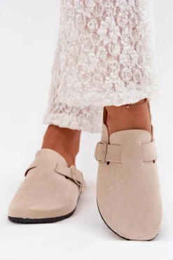 Klapki Chodaki Damskie i Na Korkowej Platformie Z Klamrą Jasnobeżowe Klarae