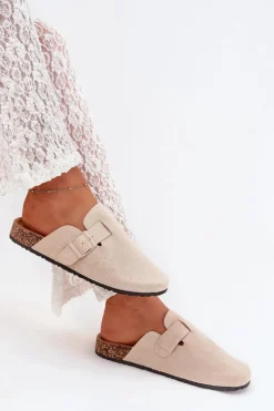 Klapki Chodaki Damskie i Na Korkowej Platformie Z Klamrą Jasnobeżowe Klarae