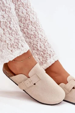 Klapki Chodaki Damskie i Na Korkowej Platformie Z Klamrą Jasnobeżowe Klarae