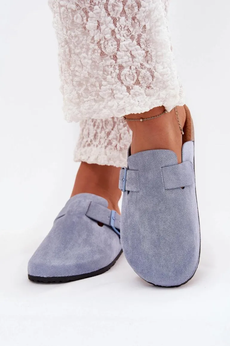 Klapki Chodaki Damskie i Na Korkowej Platformie Z Klamrą Niebieskie Klarae