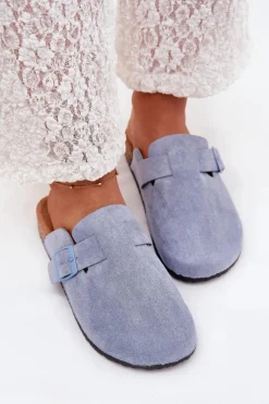 Klapki Chodaki Damskie i Na Korkowej Platformie Z Klamrą Niebieskie Klarae