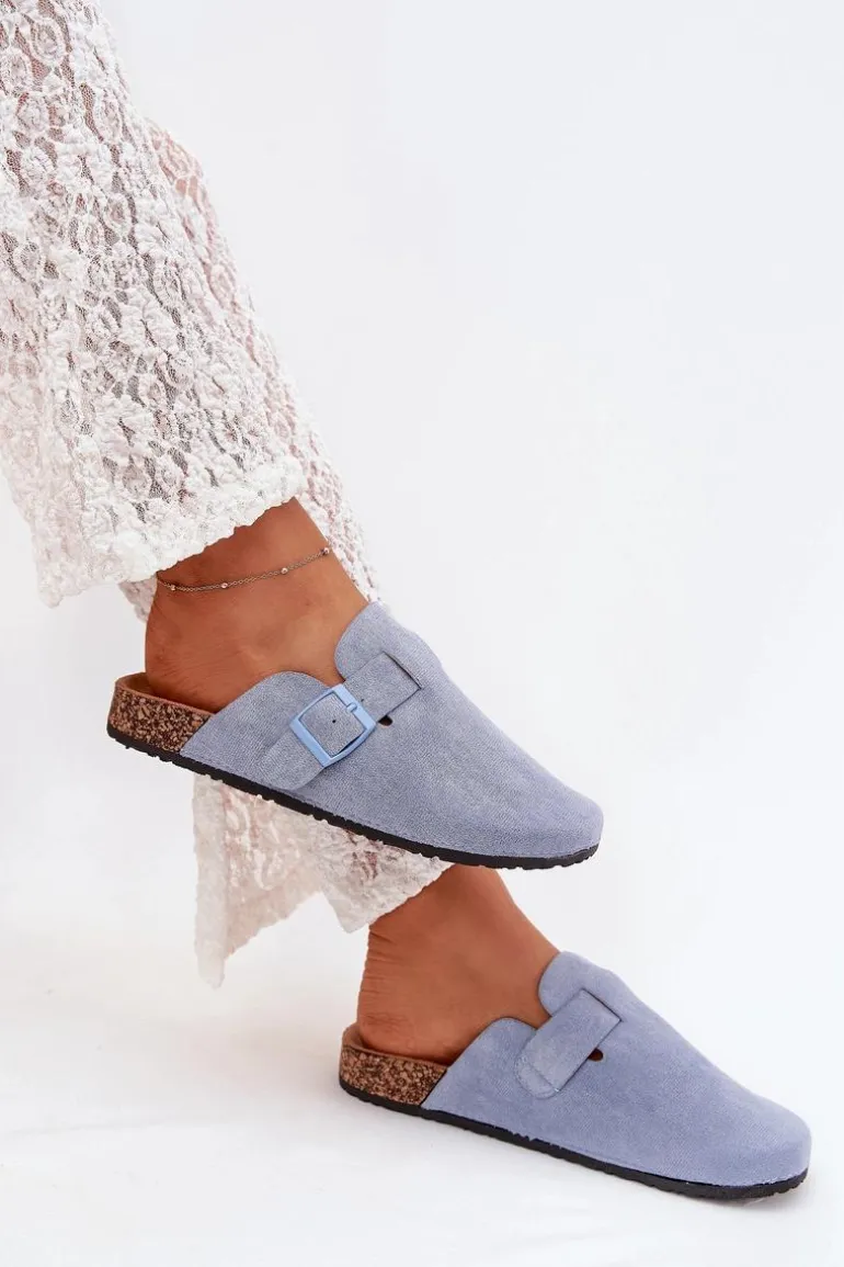 Klapki Chodaki Damskie i Na Korkowej Platformie Z Klamrą Niebieskie Klarae