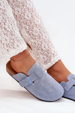 Klapki Chodaki Damskie i Na Korkowej Platformie Z Klamrą Niebieskie Klarae