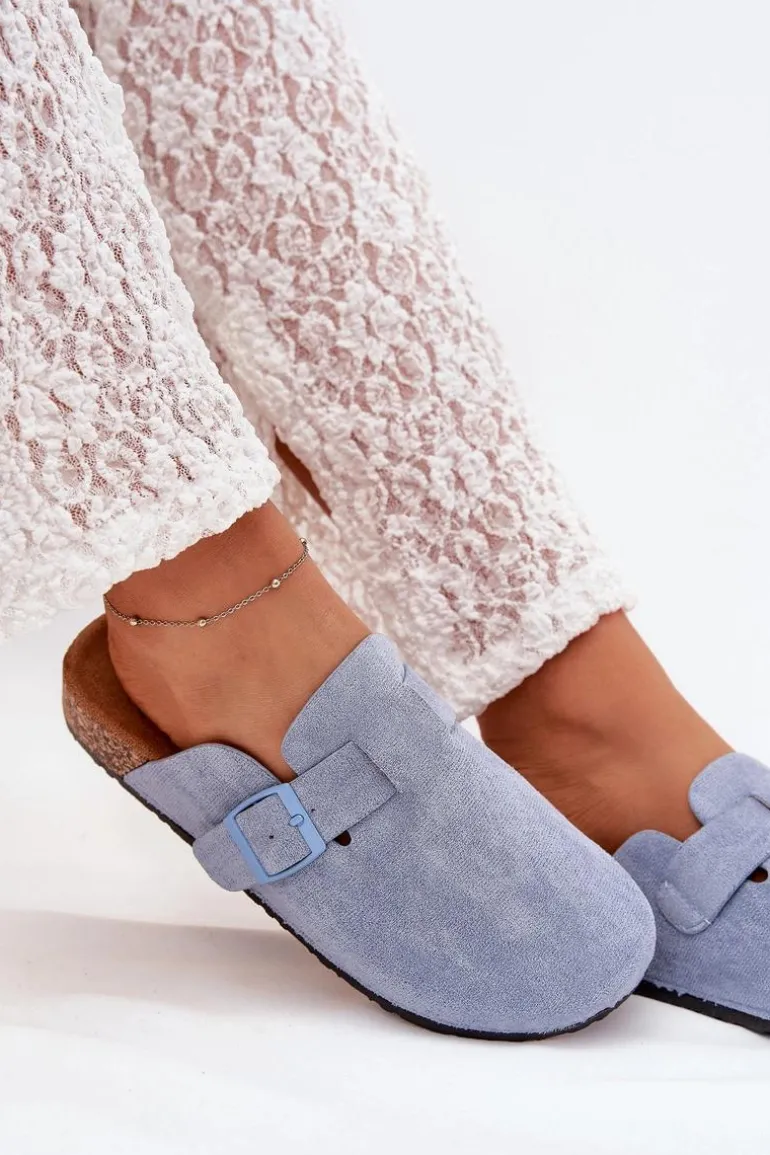 Klapki Chodaki Damskie i Na Korkowej Platformie Z Klamrą Niebieskie Klarae