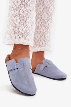 Klapki Chodaki Damskie i Na Korkowej Platformie Z Klamrą Niebieskie Klarae