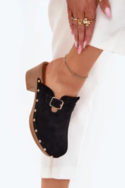 Klapki Chodaki Damskie Na Obcasie Z Klamrą Czarne Veldexina