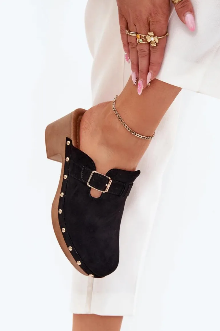 Klapki Chodaki Damskie Na Obcasie Z Klamrą Czarne Veldexina