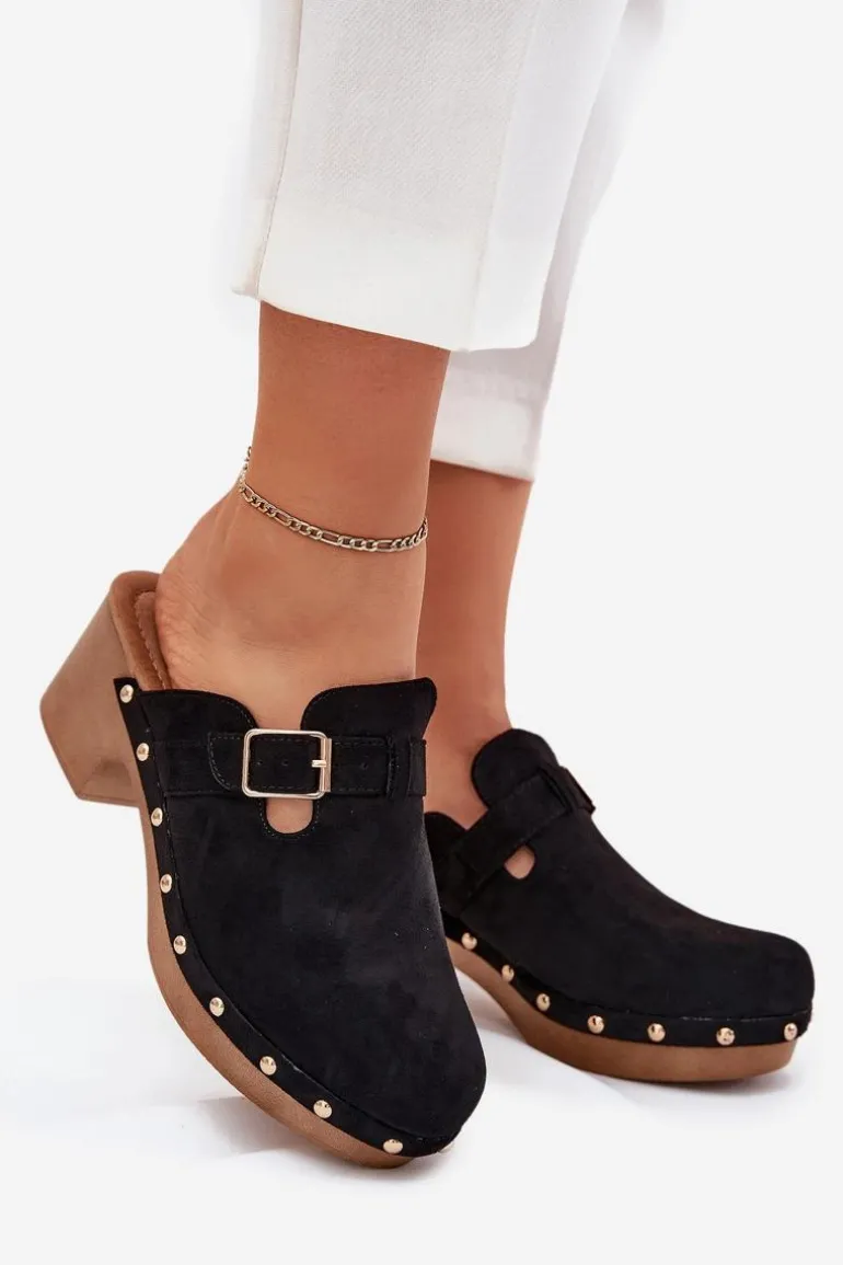 Klapki Chodaki Damskie Na Obcasie Z Klamrą Czarne Veldexina