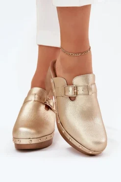 Klapki Chodaki Damskie Na Obcasie Z Klamrą Złote Veldexina