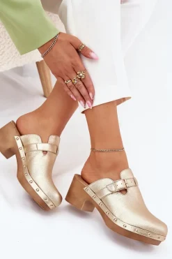 Klapki Chodaki Damskie Na Obcasie Z Klamrą Złote Veldexina