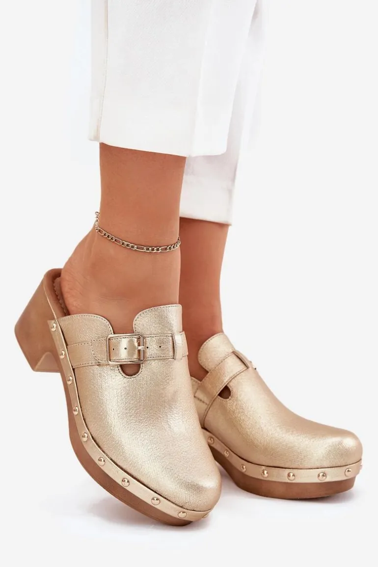 Klapki Chodaki Damskie Na Obcasie Z Klamrą Złote Veldexina