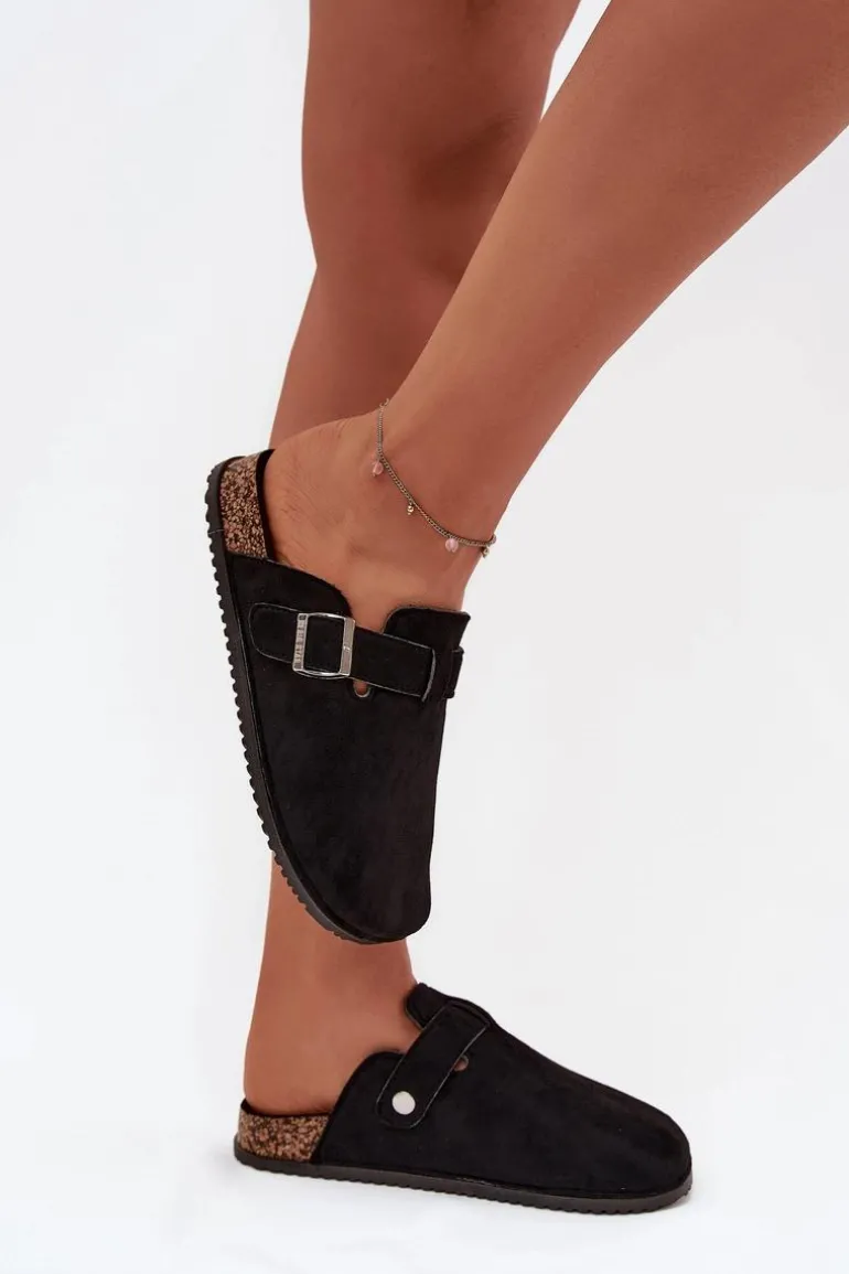 Klapki Chodaki Damskie Na Korkowej Platformie Srebrna Klamra Big Star SS274736 Czarne