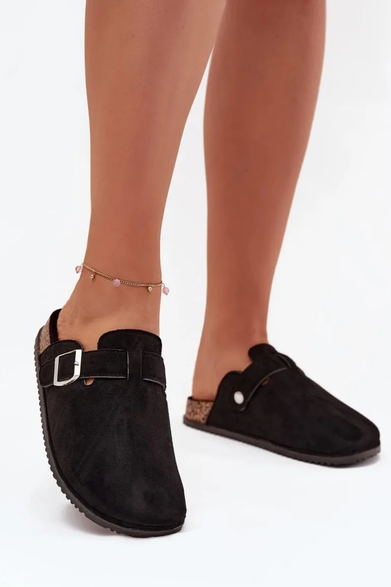 Klapki Chodaki Damskie Na Korkowej Platformie Srebrna Klamra Big Star SS274736 Czarne