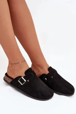 Klapki Chodaki Damskie Na Korkowej Platformie Srebrna Klamra Big Star SS274736 Czarne