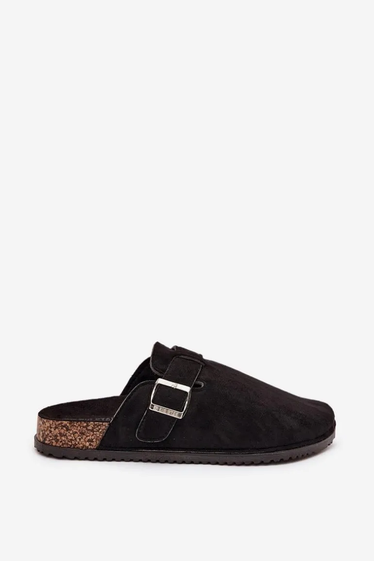 Klapki Chodaki Damskie Na Korkowej Platformie Srebrna Klamra Big Star SS274736 Czarne