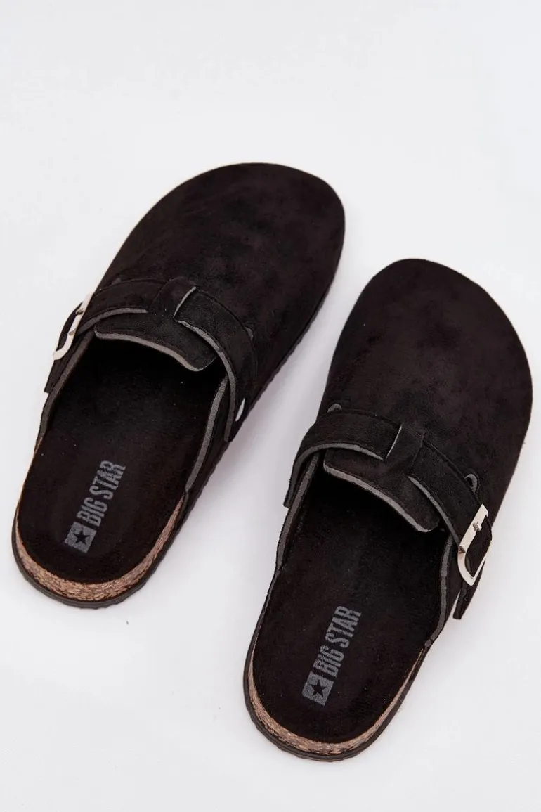 Klapki Chodaki Damskie Na Korkowej Platformie Srebrna Klamra Big Star SS274736 Czarne