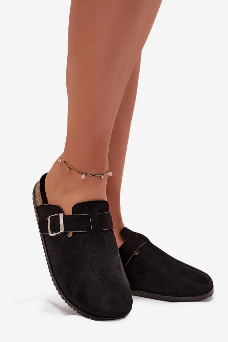 Klapki Chodaki Damskie Na Korkowej Platformie Srebrna Klamra Big Star SS274736 Czarne