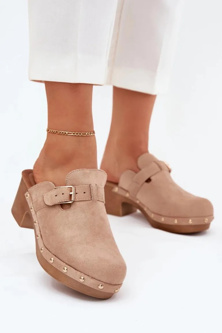 Klapki Chodaki Damskie Na Obcasie Z Klamrą Beżowe Veldexina