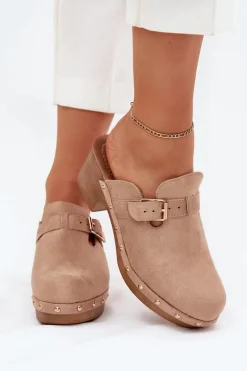 Klapki Chodaki Damskie Na Obcasie Z Klamrą Beżowe Veldexina