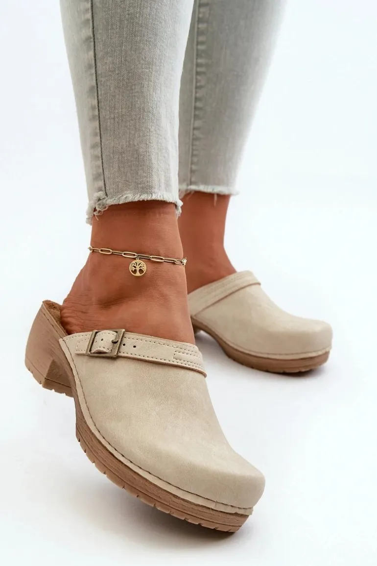 Klapki Chodaki Damskie Na Niskim Obcasie Inblu BL000004 Beżowe