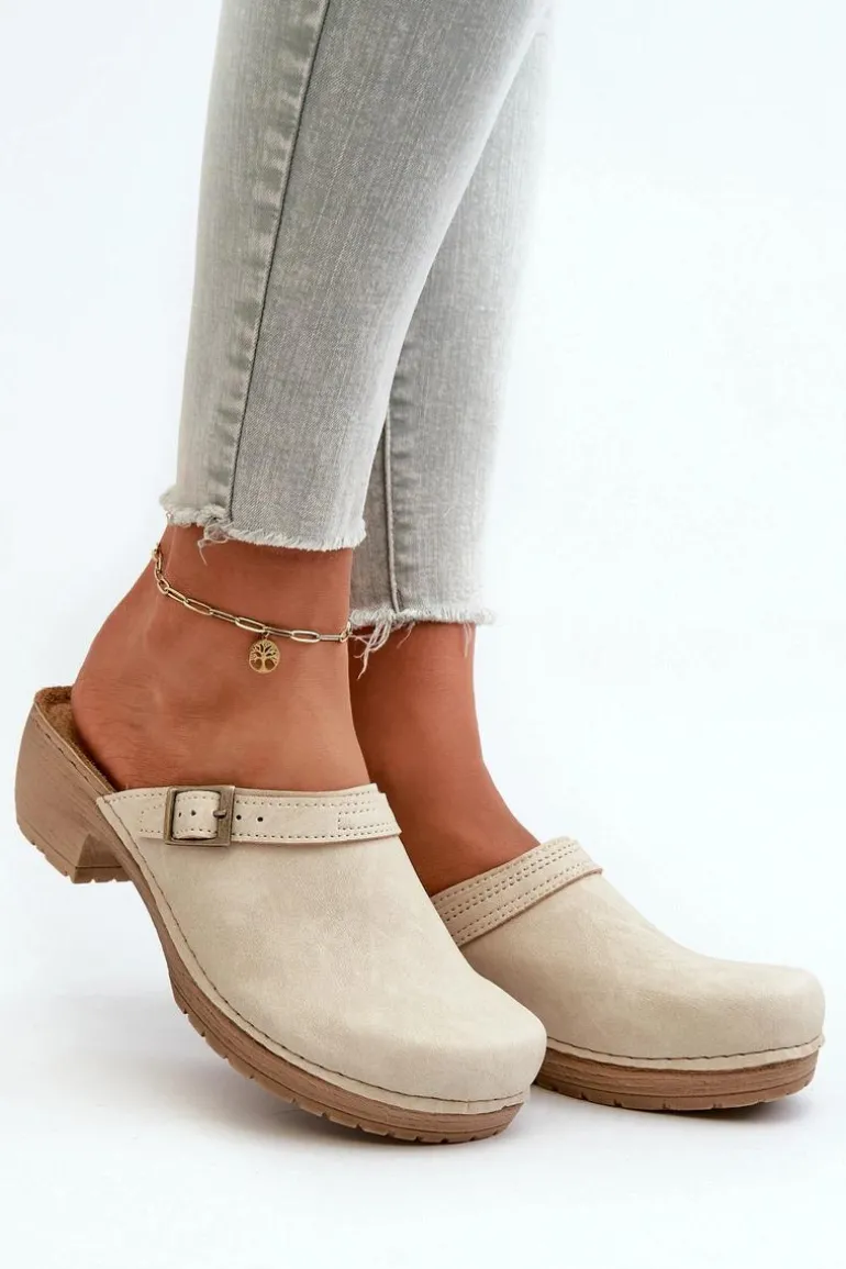 Klapki Chodaki Damskie Na Niskim Obcasie Inblu BL000004 Beżowe