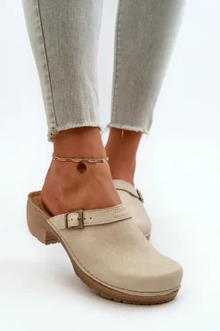 Klapki Chodaki Damskie Na Niskim Obcasie Inblu BL000004 Beżowe