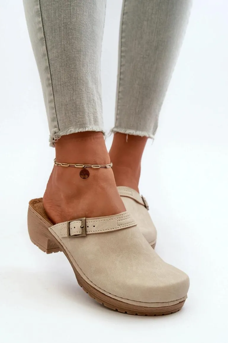 Klapki Chodaki Damskie Na Niskim Obcasie Inblu BL000004 Beżowe