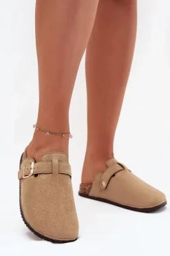 Klapki Chodaki Damskie Na Korkowej Platformie Ze Złotą Klamrą Big Star SS274738 Beżowe