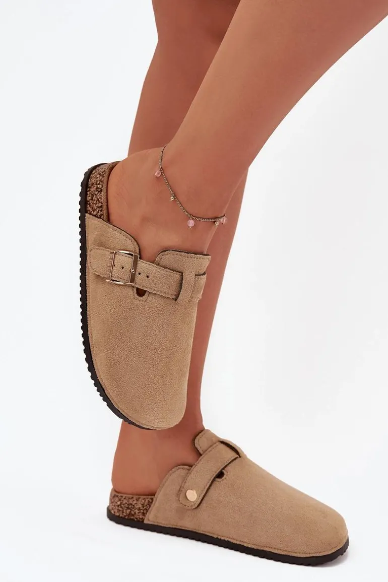 Klapki Chodaki Damskie Na Korkowej Platformie Ze Złotą Klamrą Big Star SS274738 Beżowe