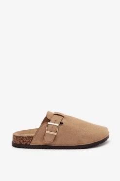 Klapki Chodaki Damskie Na Korkowej Platformie Ze Złotą Klamrą Big Star SS274738 Beżowe