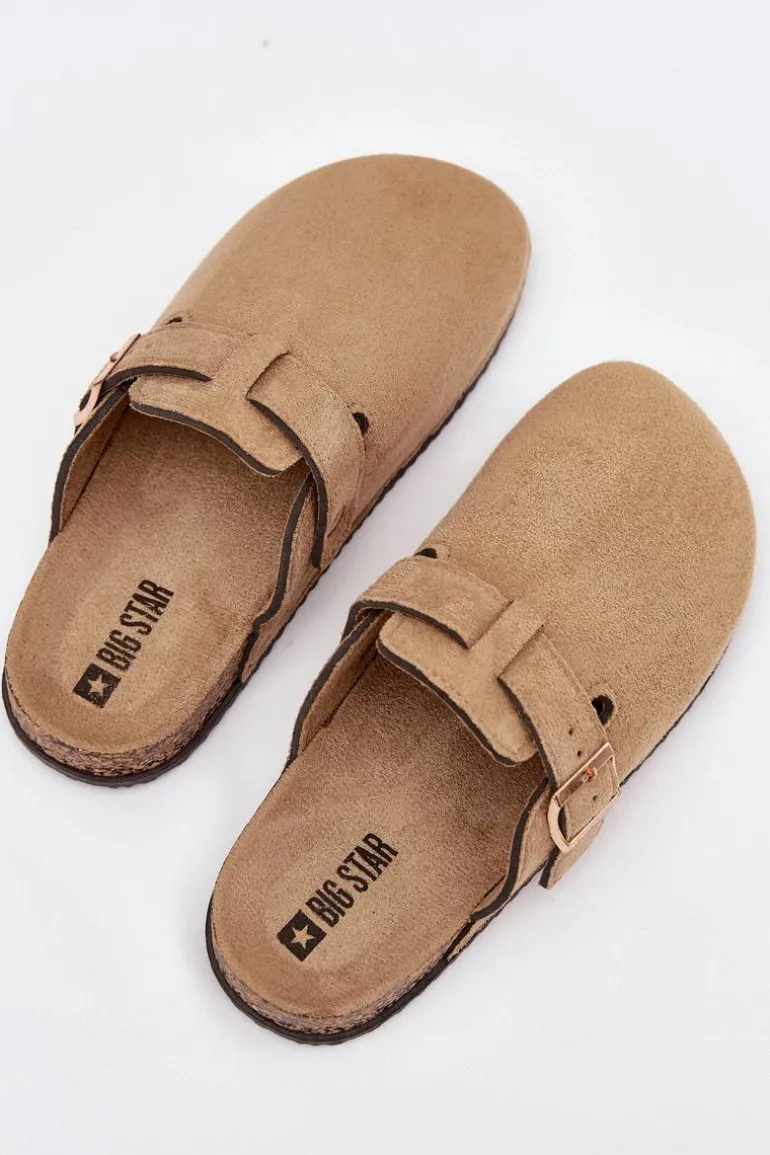 Klapki Chodaki Damskie Na Korkowej Platformie Ze Złotą Klamrą Big Star SS274738 Beżowe