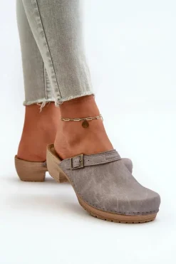 Klapki Chodaki Damskie Na Niskim Obcasie Inblu BL000004 Szare