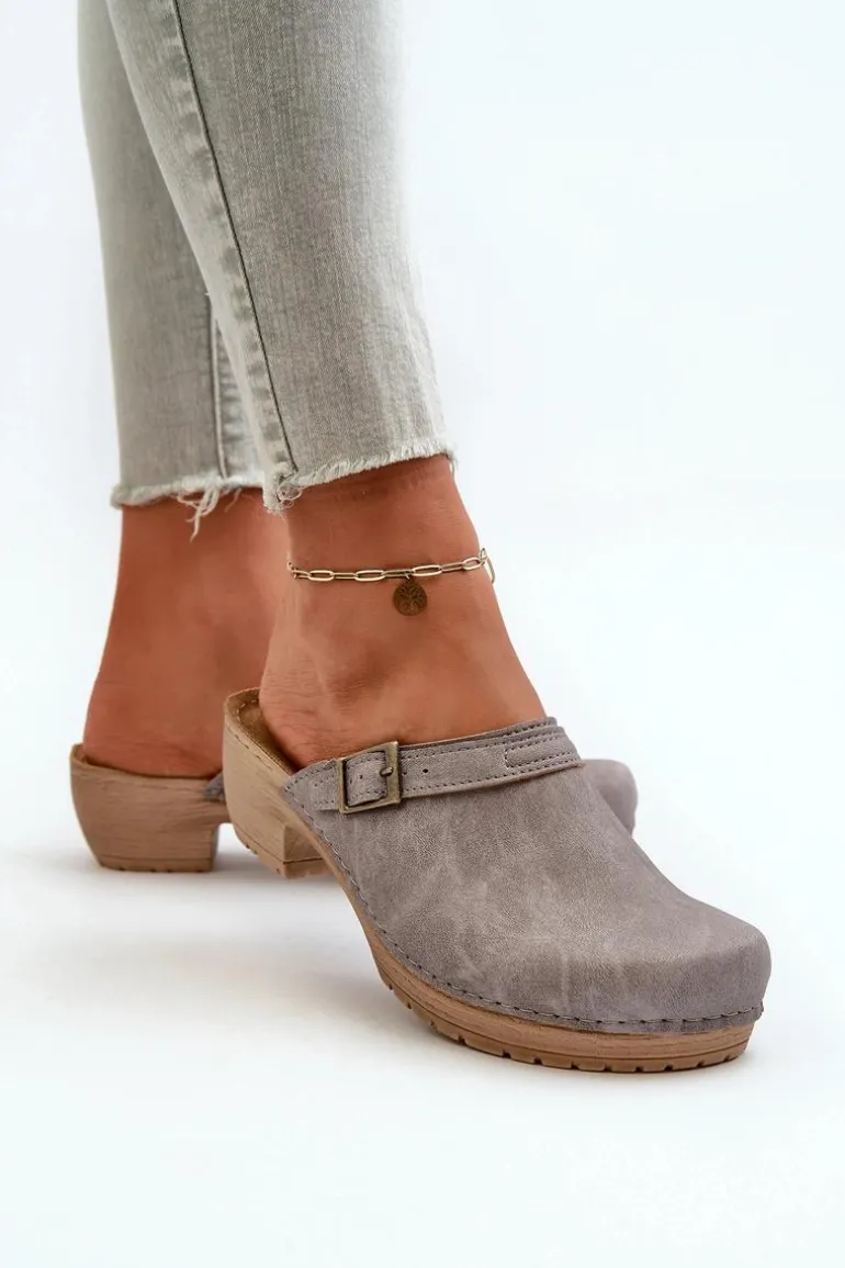 Klapki Chodaki Damskie Na Niskim Obcasie Inblu BL000004 Szare