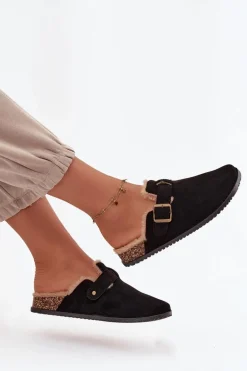 Klapki Chodaki Damskie Ocieplane Futerkiem Z Klamrą Czarne Sylisse