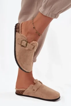 Klapki Chodaki Damskie Ocieplane Futerkiem Z Klamrą Beżowe Sylisse